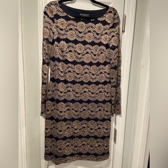 Jessica Howard Evenings Size 12 Long Sleeve Navy Blue Gold Lacy Sheath Dress - Picture 1 of 11